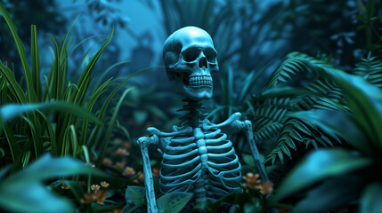 a skeleton gardener tending to a garden of glowing, haunted plants in a misty, moonlit graveyard 