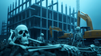a surreal Halloween construction site with skeleton workers, ghostly machinery, and a haunted building under construction 
