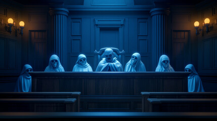 a surreal Halloween courtroom with a zombie judge, ghost lawyers, and a haunted jury box filled with eerie figures 