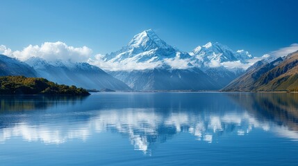 A scenic mountain lake, the water calm and reflective, snow-capped peaks in the background