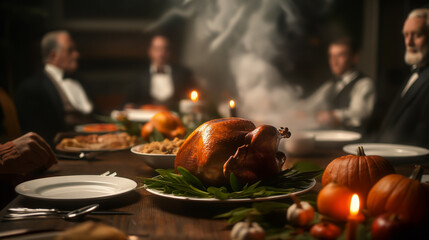 a Thanksgiving feast in a floating dining room, with a turkey levitating and ghostly hands serving dishes to amazed guests 