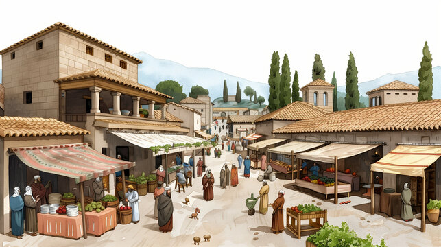 a wide-angle view of an ancient marketplace in biblical times, vibrant watercolor hues, bustling with people, colorful stalls, and rustic buildings 