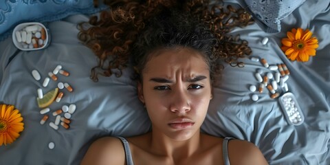 Fototapeta premium Woman in bed with pained expression surrounded by remedies for menstrual cramps. Concept This image could be categorized under, Health, Pain Management, Women's Issues, Menstrual Cramps, Wellness