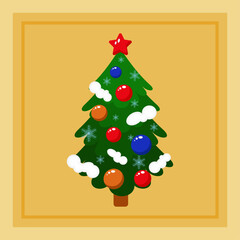 Festive Christmas background. New Year's green tree with Christmas decorations and a star on a golden background. Snow and snowflakes on branches. Vector cartoon illustration. Bright square banner. 