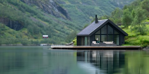 Fototapeta premium Seaside Home Seamlessly Integrates with Nature, Providing a Serene Escape for Nature Enthusiasts. Concept Seaside Living, Nature Integration, Serene Escape, Nature Enthusiasts, Tranquil Retreat