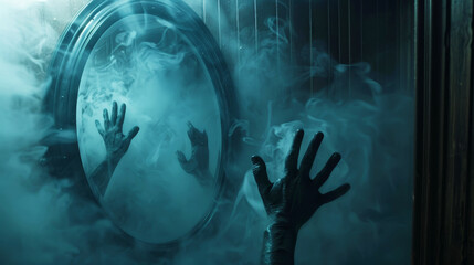 Eerie spectral hands emerging from a misty mirror, reaching out with a ghostly glow in a darkened room