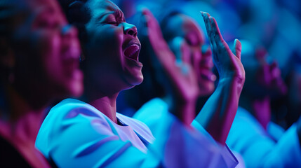 Church congregation Christian gospel singers raising praise 