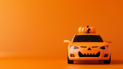closeup of a car shaped like a Halloween pumpkin, orange with a carved face, isolated on a gradient background 