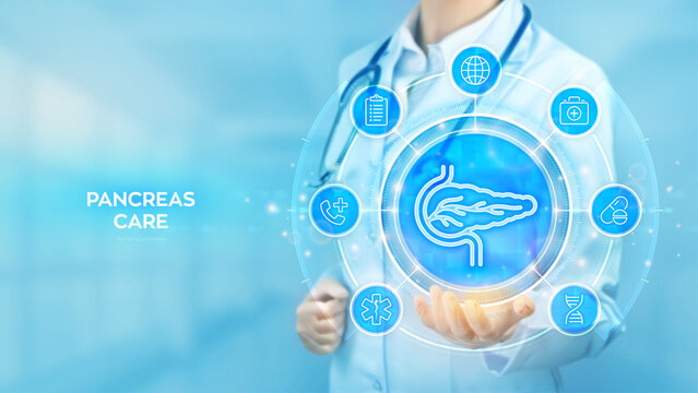 Pancreas care and health. Treatment of pancreatic diseases, acute and chronic pancreatitis. Doctor holding in hand Pancreas icon and medical icons network connection on virtual screen. Vector.