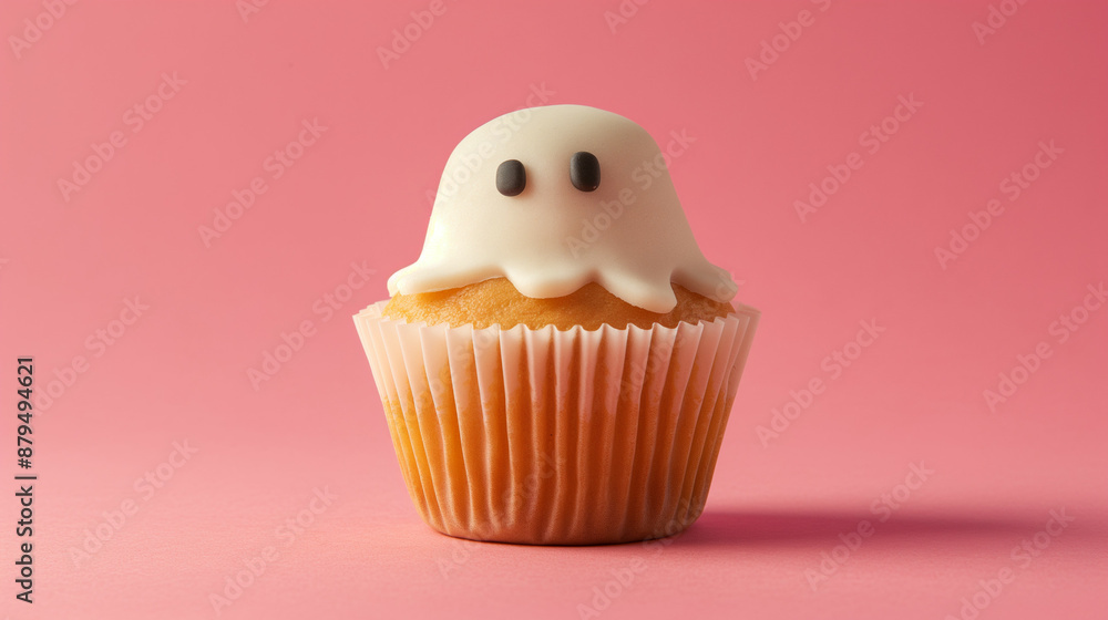 Poster closeup of a muffin shaped like a ghost, isolated on a gradient background