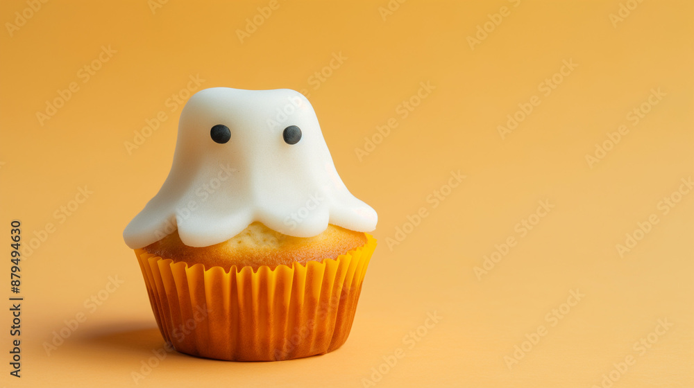 Poster closeup of a muffin shaped like a ghost, isolated on a gradient background