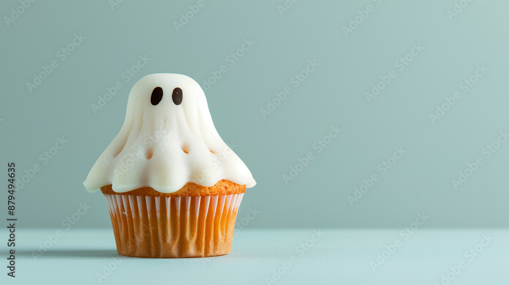Poster closeup of a muffin shaped like a ghost, isolated on a gradient background