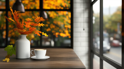 Cozy cafe with a fall-themed decor, pumpkin spice lattes on the table, warm lighting, and autumn leaves outside the window 