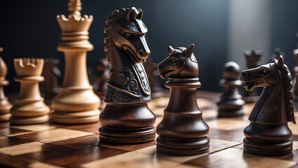International chess day, a wooden knight chess piece on a chessboard with other chess pieces blurred in the background. The board features alternating dark and light squares with a glossy finish
