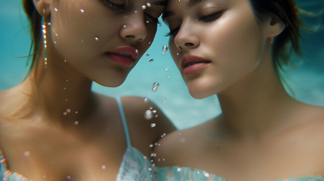 Closeup of two models underwater, intertwined dresses, soft expressions, gentle bubbles, empty space for text on top 
