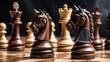 International chess day, a wooden knight chess piece on a chessboard with other chess pieces blurred in the background. The board features alternating dark and light squares with a glossy finish