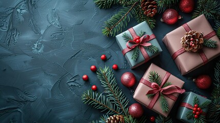top view gift boxes pink christmas ornaments fir branches on gray background,image