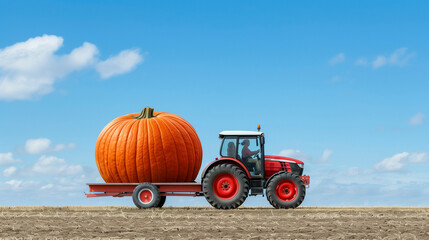 Farmer driving a tractor with a giant pumpkin on a trailer, rural fairground, spectators clapping,...