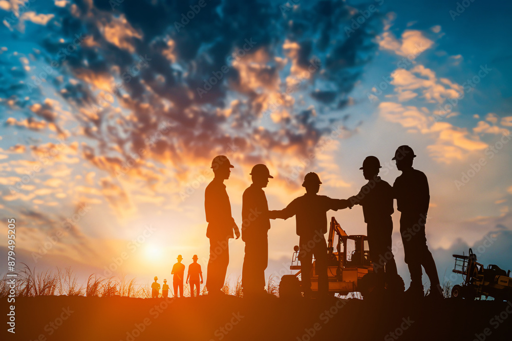 Poster silhouette of a construction worker working on a building at sunset, lengthening the exposure time t