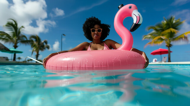 Model in a swimming pool, wide angle, floating on an inflatable flamingo, palm trees in the background 