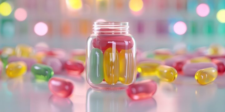 Colorful 3D animation of chewable gummy vitamins for daily dose of vitamins. Concept Animation, 3D, Colorful, Chewable, Gummy Vitamins