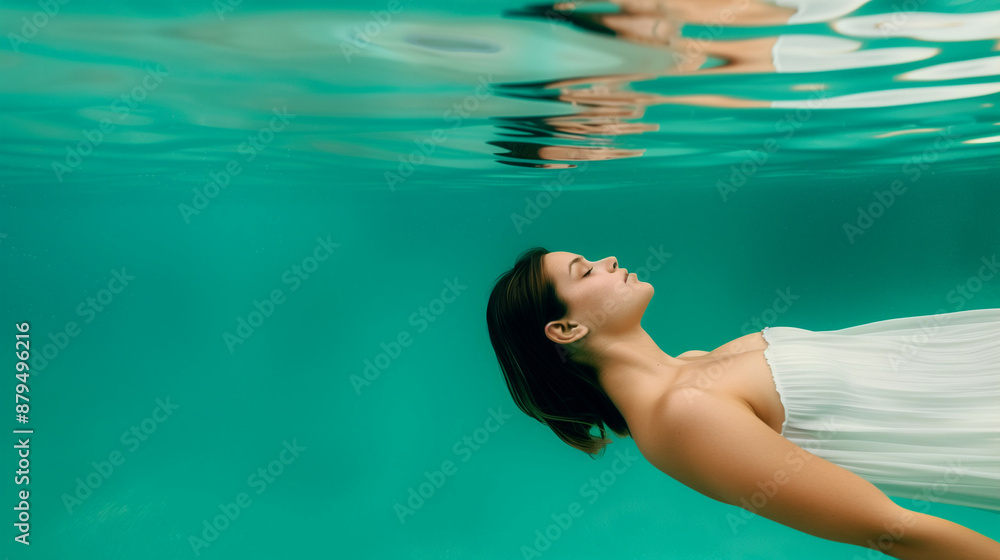 Poster side view of a model swimming, dress trailing behind, soft pastels, serene expression, empty space f