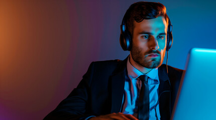 Stock photo of a focused man in her 35s, wearing a black suit, with a headset on, typing on a laptop, studio background, copy space on the right 