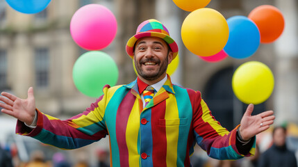 Street performer in colorful attire juggles glowing orbs during Edinburgh Festival Fringe background filled with audience silhouettes in the twilight 