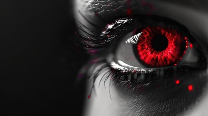 A striking close-up of a red eye against a minimalistic background, offering ample copy space for adding text or graphics. The bold color contrasts with the simplicity of the composition.