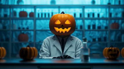 surreal Halloween scene of a scientist with a pumpkin head, conducting spooky experiments in a ghostly laboratory 