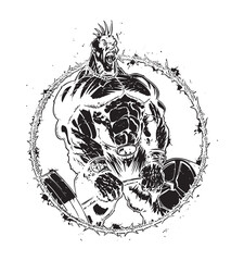 Heavy Body Builder Posing with Barbed Wire circle Black on White Vector for T-shirts and Wall Decal Workout Muscle Logo Fitness Bodybuilding Healthy Wall Sticker for Gym Decor