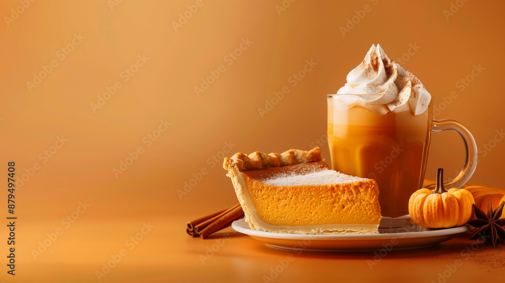 Poster Warm pumpkin spice beverage garnished with cinnamon beside a slice of decadent pumpkin pie isolated on a gradient autumn-hued background 