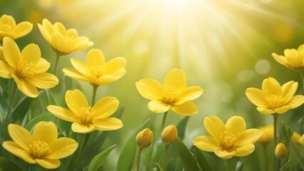 Fototapeta premium Spring or Summer nature background. spring yellow flowers close up on an abstract light backdrop., Mother's Day, children's Day, women's Day, copy space, Abstract nature background