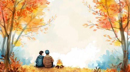 Fototapeta premium Campers enjoying bonfire, autumn forest, colorful leaves, cozy atmosphere, having ample space for text, watercolor style, pastel colors