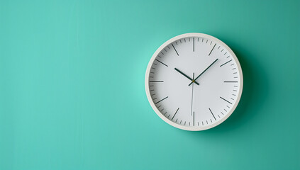 A simple white clock with black numeralson a white table against a solid pastel mint green background, concept of minimalist home decor, minimalist style