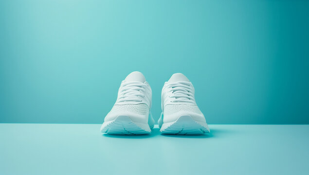 A pair of white running shoes on a white surface against a solid pastel blue background, concept of fitness and healthy living, minimalist style, positioned on the right side, left side and center emp