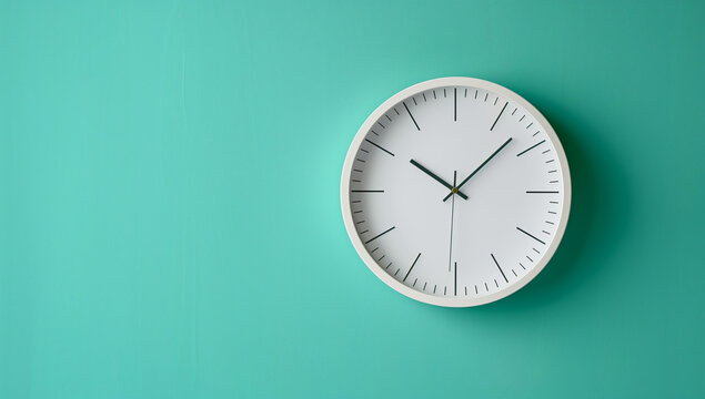 A simple white clock with black numeralson a white table against a solid pastel mint green background, concept of minimalist home decor, minimalist style