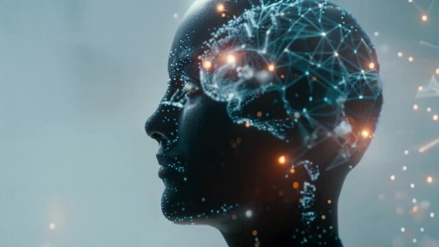 Glowing human brain and polygon with particles, concept idea and innovation.