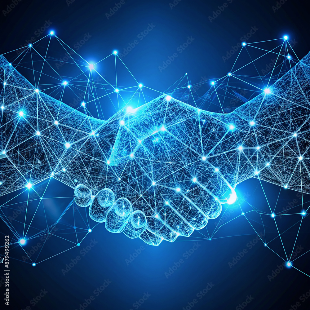 Poster abstract polygonal handshake on blue background. polygonal handshake. abstract background with hands