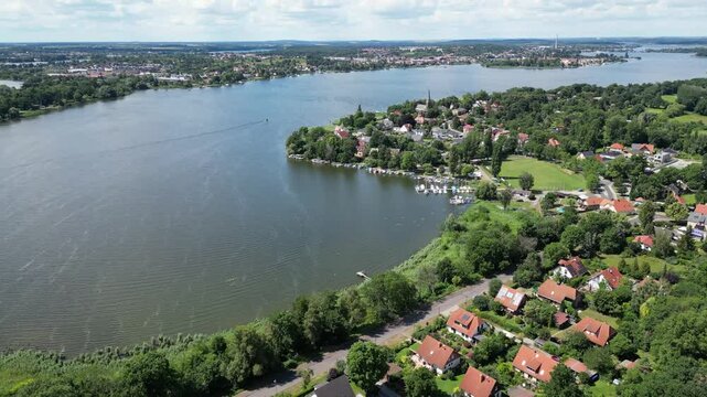potsdam lake district germany havel lake geltow germany aerial panning shot summer sunshine weatherwater blue