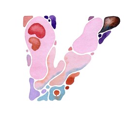 Artistic watercolor lowercase 'v' illustration in vibrant, colorful hues with organic shapes and soft gradients. Ideal for creative projects, typography, and unique design elements