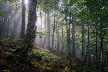 Obraz premium Watercolor-style landscape of mountains and forests, painted nature. Generative AI. Beautiful simple AI generated image in 4K, unique.