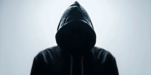 Silhouette of hacker in hood against white background. Concept Cybercrime, Silhouette, Hacker, Technology, Security