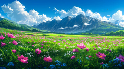 beautiful landscape of mountain  sea  and blue sky vector art and cartoon