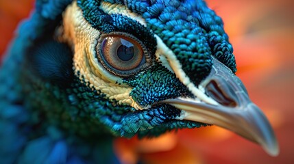 Obraz premium Close-up view of beautiful colorful peacock head and feathers
