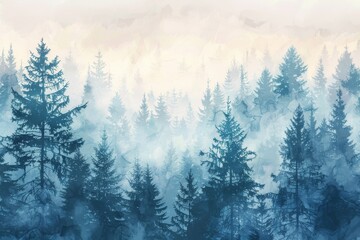 Obraz premium Watercolor painting of a winter forest with tall, snow-covered pine trees, copy space banner, vintage background . Beautiful simple AI generated image in 4K, unique.