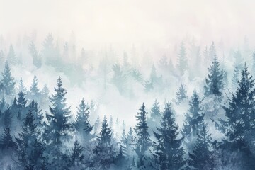 Fototapeta premium Watercolor painting of a winter forest with tall, snow-covered pine trees, copy space banner, vintage background . Beautiful simple AI generated image in 4K, unique.