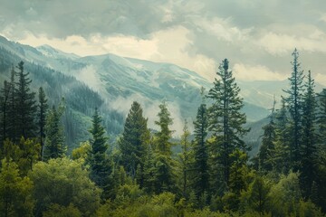 Obraz premium Watercolor-style landscape of mountains and forests, painted nature. Generative AI. Beautiful simple AI generated image in 4K, unique.