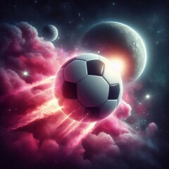 Fototapeta premium a photo realistic soccer ball as a planet in space with pink smoke and explosions, with 2 moons in the background, digital art
