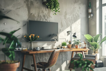  room with table and chair, flower pots, light messy